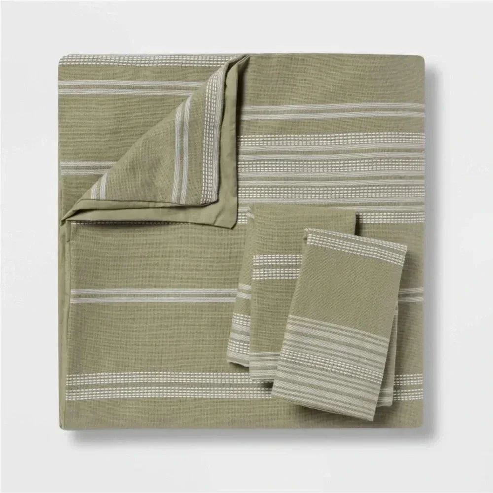NWOT F/Q Cotton Woven Stripe Duvet‎ Cover & Sham Set Moss Green/White -Thr…